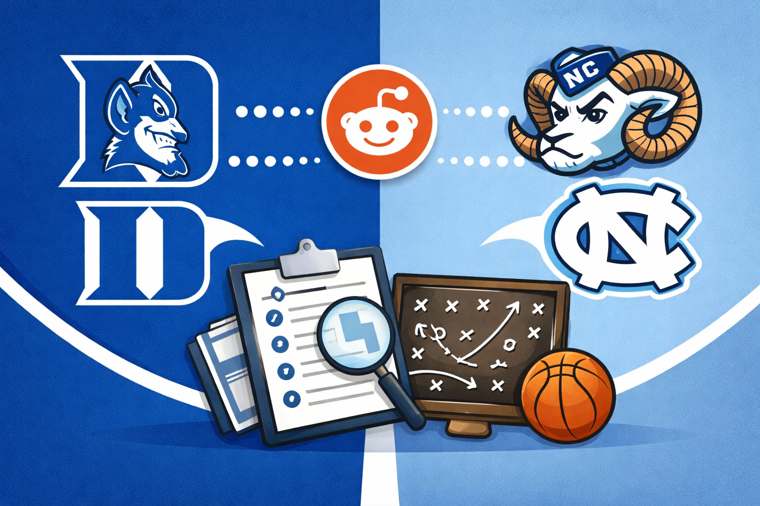 Duke and UNC athletics logos on opposite sides of the Reddit icon, with basketball diagrams and charts underneath.